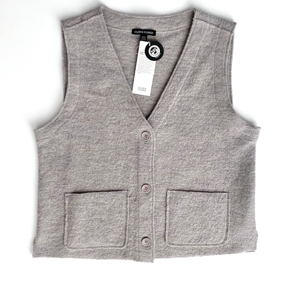 Eileen Fisher Nwt Lightweight Boiled Wool V Neck Button Front Vest Dove Gray L